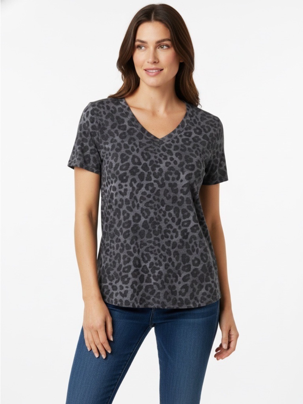 PINK Victoria’s Secret Leopard V-Neck Sleep Tee Gray Animal Print T-Shirt Size M